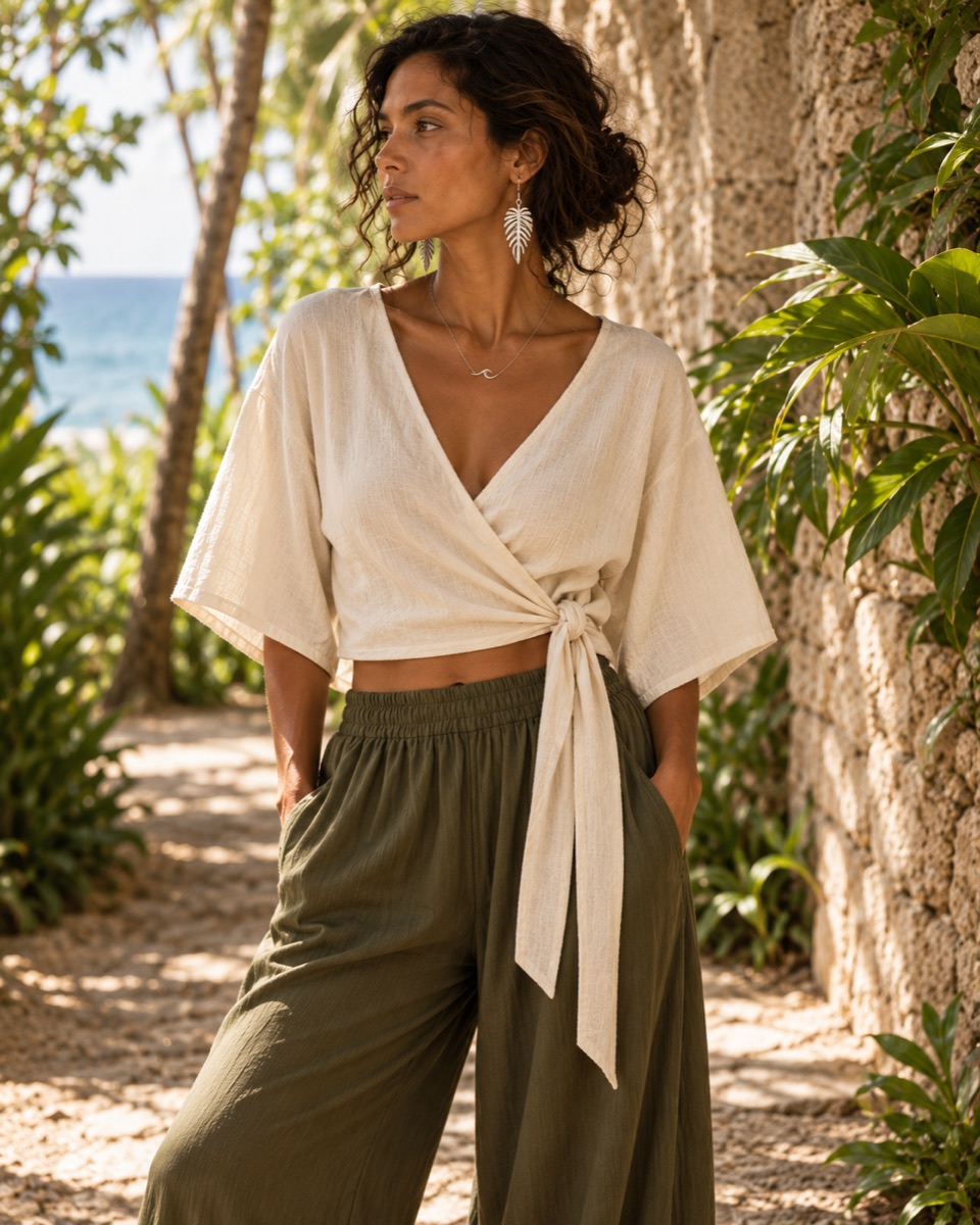 Cream wrap top with sleeves below the elbow, worn with olive wide trousers